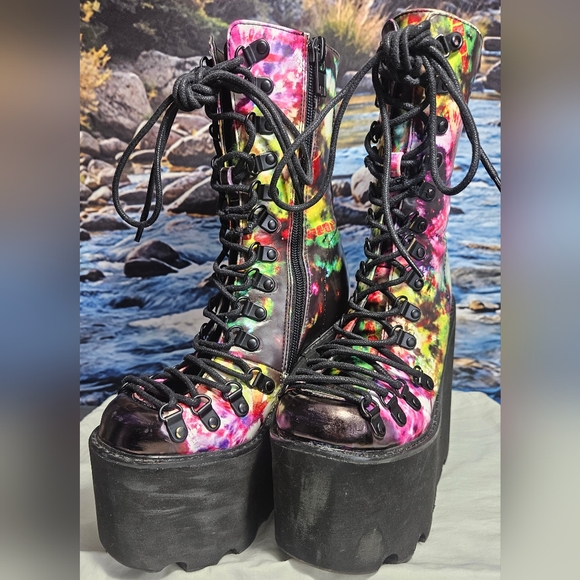 Dolls Kill ClubExx Shoes - Dolls Kill ClubExx Vibrant Acid Sunrise Tie-Dye Lace Up‎ Platform Boots, 5